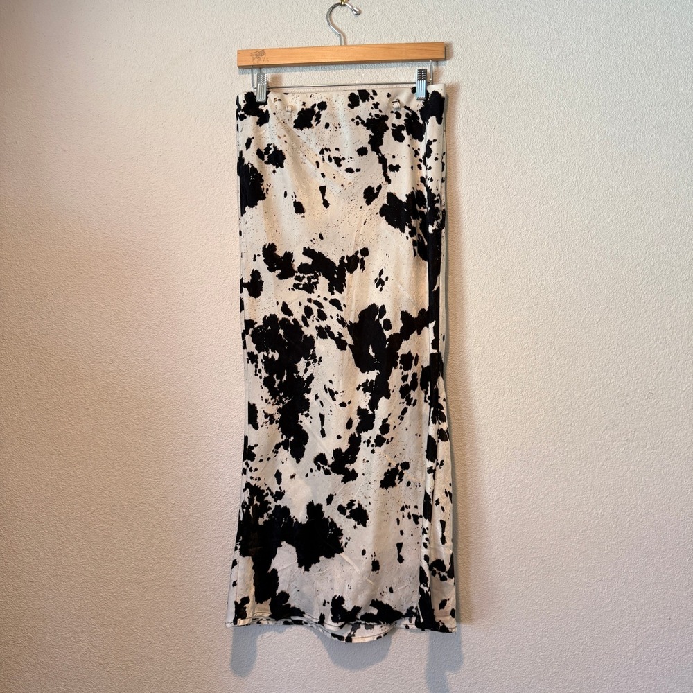 Love Tree Women Cow Print Satin Midi Slip Skirt Black White Brown Size M 7348SN